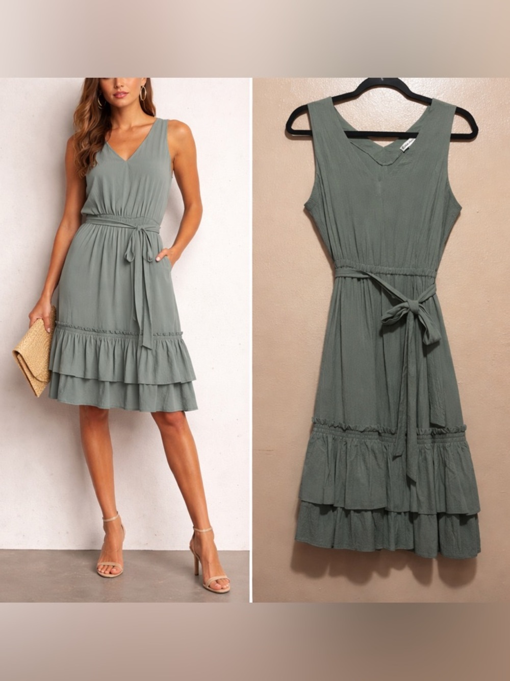 Calvin Klein Sleeveless Ruffle Hem Tie Waist Dress Sage Green Size 8